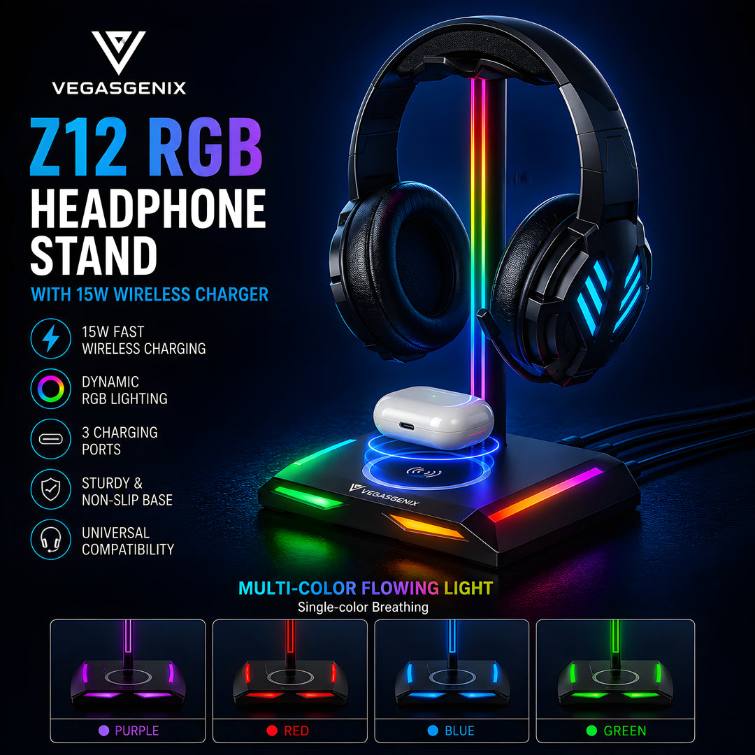 RGB Gaming Headphone Stand with 15W Wireless Charger | Z12 Headset Holder