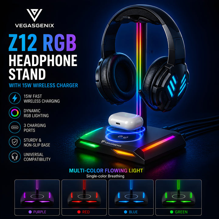 RGB Gaming Headphone Stand with 15W Wireless Charger | Z12 Headset Holder