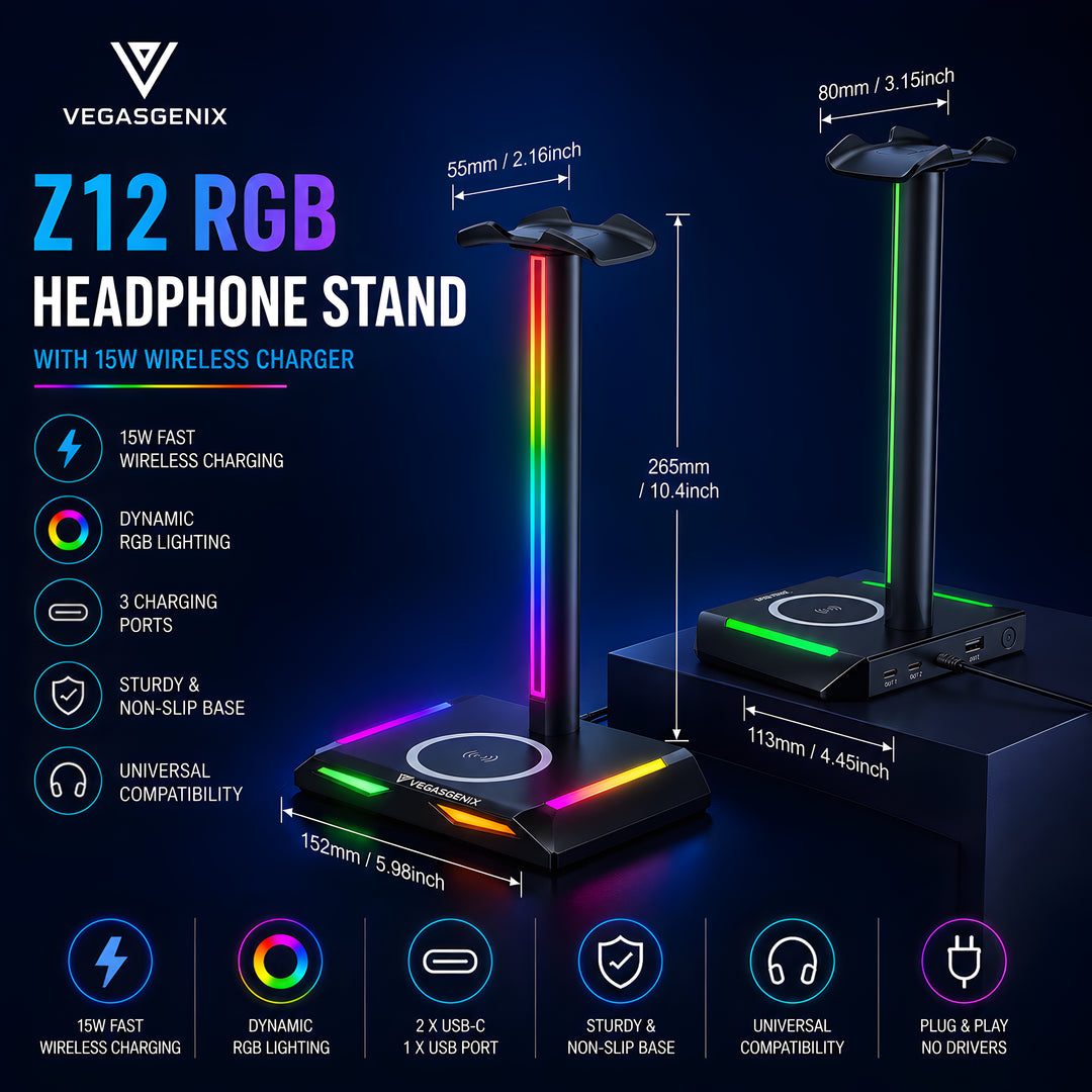 RGB Gaming Headphone Stand with 15W Wireless Charger | Z12 Headset Holder