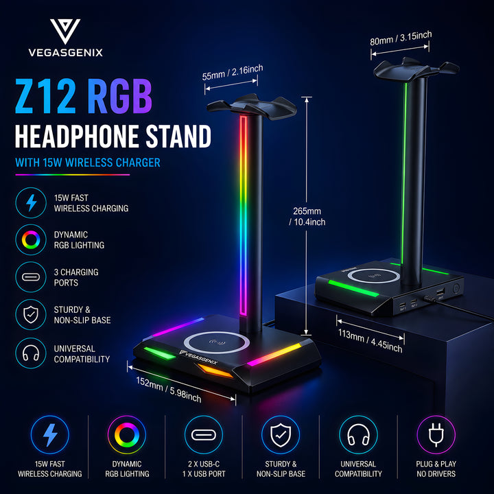 RGB Gaming Headphone Stand with 15W Wireless Charger | Z12 Headset Holder